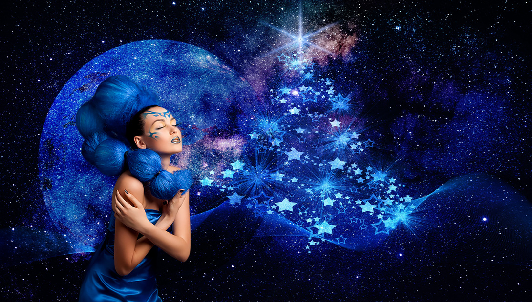 Photomontage Of Magical Christmas Woman With Blue Stars